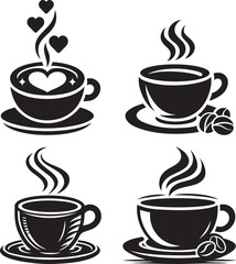 A collection of four artistic black and white vector illustrations of coffee cups with steam. Each design has a unique style, including heart shapes and coffee beans, perfect for café branding.
