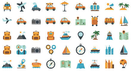 Flat style icon set for travel, tourism, and transportation. Vector symbols for vacation, journey, and navigation.