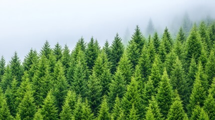 Obraz premium Evergreen Forest: A mesmerizing vista of a verdant evergreen forest, where the towering trees reach towards a sky veiled in a gentle fog.