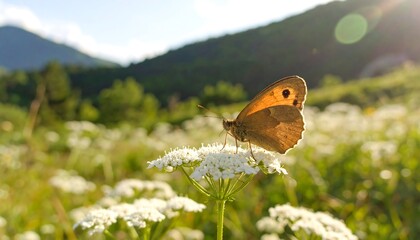 A butterfly rests on a cluster of white flowers in a sunlit meadow, with mountains in the background