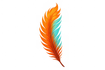 Vibrant feather blending orange, teal hues, representing creative expression, artistic freedom against transparent backdrop
