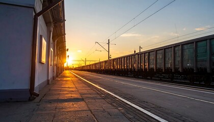 Train station platform at sunset.