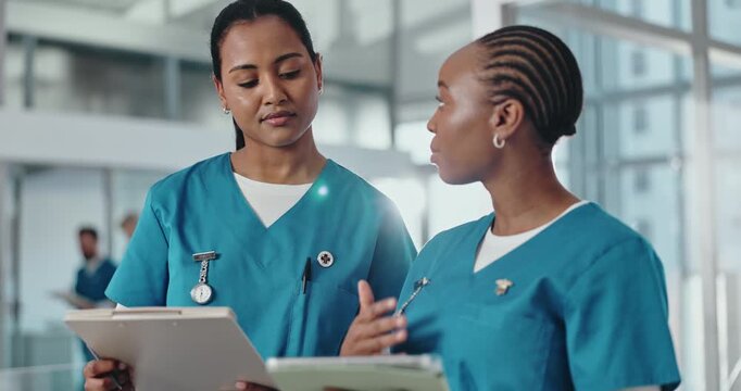 People, nurse and talking with tablet at hospital for planning, medical checklist and agenda update. Women, feedback and clipboard with surgery schedule, patient history and information for diagnosis