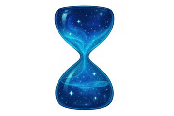 Translucent hourglass containing swirling blue nebulae, bright stellar fragments marking cosmic time against transparent backdrop