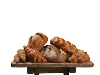 Assorted baked goods on wooden surface isolated on a transparent background bread croissants
