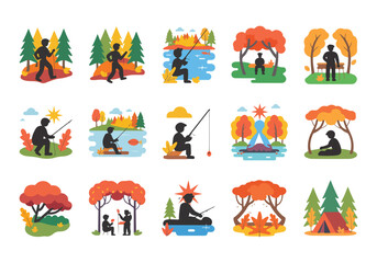 Naklejka premium Autumn outdoor activity vector art depicting various people enjoying nature and recreational activities in a colorful fall landscape
