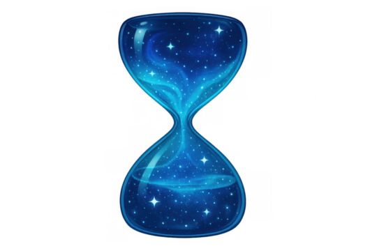 Translucent hourglass containing swirling blue nebulae, bright stellar fragments marking cosmic time against transparent backdrop - Powered by Adobe