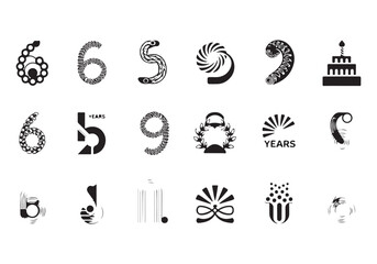 Collection of Abstract Graphic Design Elements Featuring Numbers Symbols and Decorative Shapes in Black and White Style