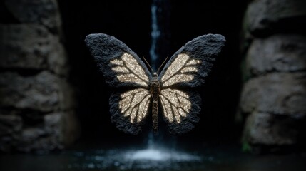 Textured butterfly with illuminated wings in a dark cave setting near water