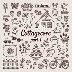 Whimsical Cottagecore Vector Set – Hand Drawn Illustrations Featuring Nature-Inspired Elements, Rustic Charm, Mushrooms, Wildflowers, Cozy Houses, and Vintage Aesthetic for Creative Design Projects.

