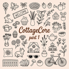 Cottagecore Aesthetic Illustration Bundle – Beautiful Hand Drawn Vectors with Whimsical Style Including Forest Elements, Garden Scenes, Cozy Homes, Floral Details, and Storybook-Inspired Natural Motif