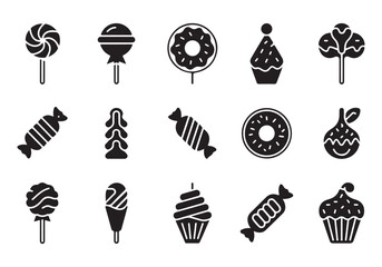 Collection of black and white sweet candy icons featuring lollipops donuts cupcakes and wrapped candies set against a clean white background
