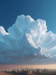 Digital illustration of a large, fluffy cloud in the sky. the cloud is white and fluffy, and it appears to be floating above a cityscape below.