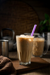 Thai traditional iced coffee,old style coffee, iced coffee, retro style,blur blackground