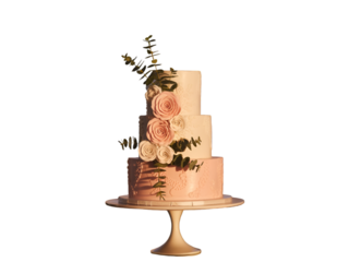 Elegant three tiered wedding cake with floral decorations isolated on a transparent background