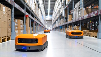 Warehouse robots navigate aisles in storage.