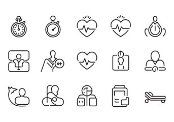 Collection of Healthcare and Medical Icon Set Featuring Heart Health Time Management Therapy and Patient Care depicting modern medical care