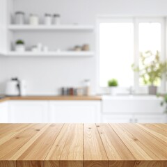 Fototapeta premium A rustic wooden table top showcases rich grain patterns, positioned in front of sleek white kitchen cabinets that reflect a modern, airy aesthetic.