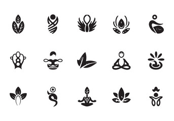 Fototapeta premium Collection of vector black yoga and zen spiritual wellness and wellbeing icons or logos for branding and design concepts