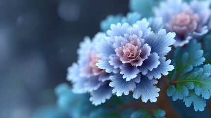 Close up of frost covered blue and pink ornamental cabbage leaves against a blurred dark background