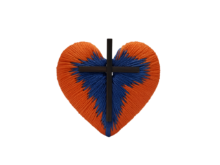 Heart shaped embroidery with cross isolated on a transparent background orange blue