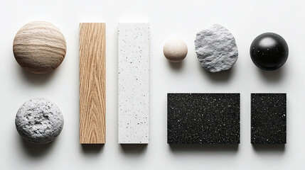 Top view composition displaying interior finishing materials like white and beige grained quartz stone, ash wood veneer, and black cosmos quartzite stone samples against a white background