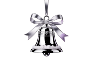 Shimmering silver bell with white ribbon and faux snow isolated on a transparent background