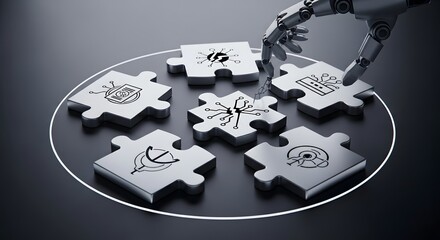 A robotic hand assembling a jigsaw puzzle with diverse business icons, representing AI-driven strategy and system integration