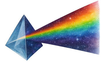 Translucent glass prism dispersing white light into vibrant rainbow colors, demonstrating optical phenomenon through delicate watercolor rendering