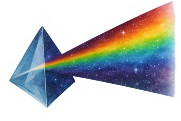 Translucent glass prism dispersing white light into vibrant rainbow colors, demonstrating optical phenomenon through delicate watercolor rendering