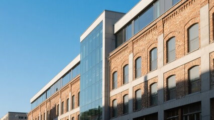 Obraz premium Modern and Traditional Architecture Blend: Glass Facade Meets Brick Building