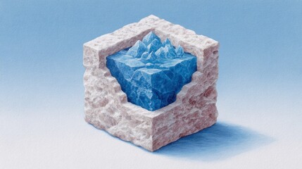 Abstract cube sculpture with rough stone exterior and faceted blue ice interior