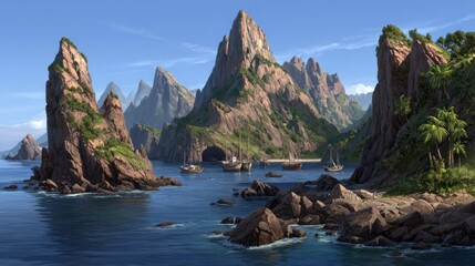 Obraz premium Majestic mountainous islands dot a calm blue ocean with sailboats navigating between them