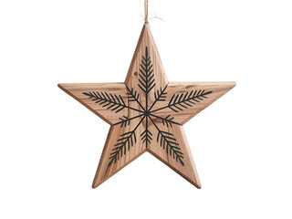 Fototapeta premium Wooden star ornament with pine branch design isolated on a transparent background image