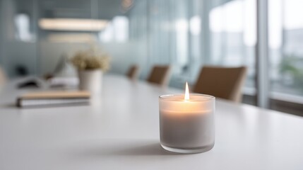 Lit candle on a clean white office table in a modern corporate meeting room with soft natural light perfect for peaceful holiday visuals and minimal Christmas backgrounds