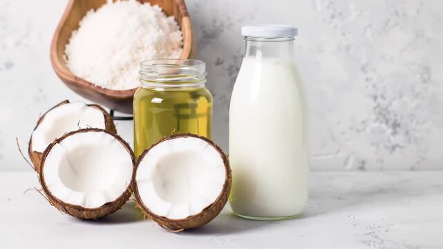 Coconut Still Life: Half Coconuts, Oil, Shredded Coconut, and Milk