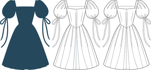 Elegant puff sleeve dress with flared skirt, square neckline, bow detail, corset waist, vector fashion flat, cad drawing style