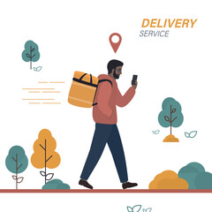 Walking deliveryman with box. African american male character. Fast shipping. Courier with backpack and mobile phone for navigation. Delivery service, shipment.