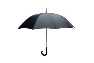A dark gray umbrella, open, against a black background.  The umbrella's fabric is smooth and appears to be a solid color. The handle is metallic