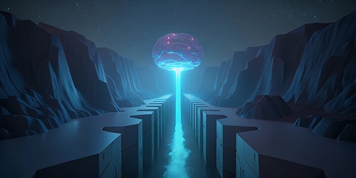 Colossal glowing brainlike entity in a canyon emitting a powerful blue light beam symbolizing advanced alien technology.
