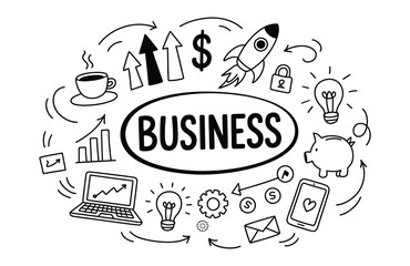 Business concept illustration with central text surrounded by icons symbolizing growth, finance, communication, technology, and innovation