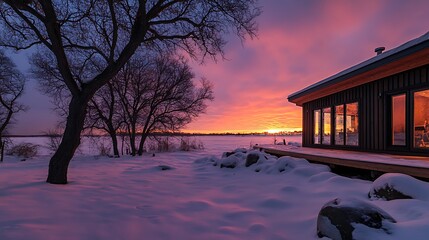 Vibrant dusk hues wrapping around snow island cabin