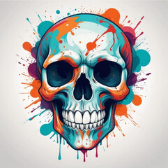 A spooky Halloween skull on a paint-splattered background.