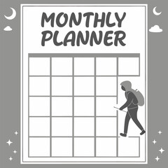 Monthly planner with a stylized figure walking across the grid evoking a sense of progress and daily tasks