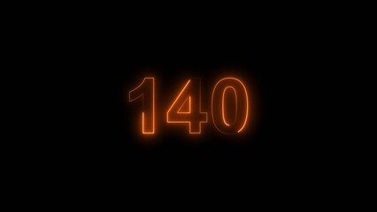 140 number neon bright orange color 4k illustration. black background 4k illustration.