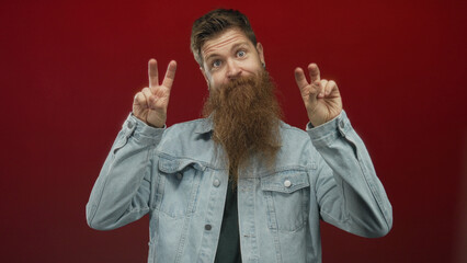 Young bearded man in a casual denim jacket making air quotes gesture with hands in a red studio;...