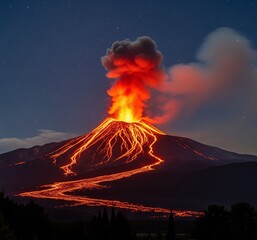 Fototapeta premium Erupting volcano at night, showcasing lava flows and fiery plumes against a starry sky.