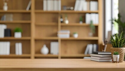 Wooden desk with books with plant, and bookcase.