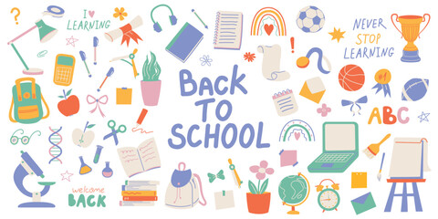 Back to School illustration. Set school supplies. School colorful element, stationery in doodle shabby style. Vector flat illustration