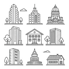 Obraz premium Diverse building icons with trees and clouds architecture